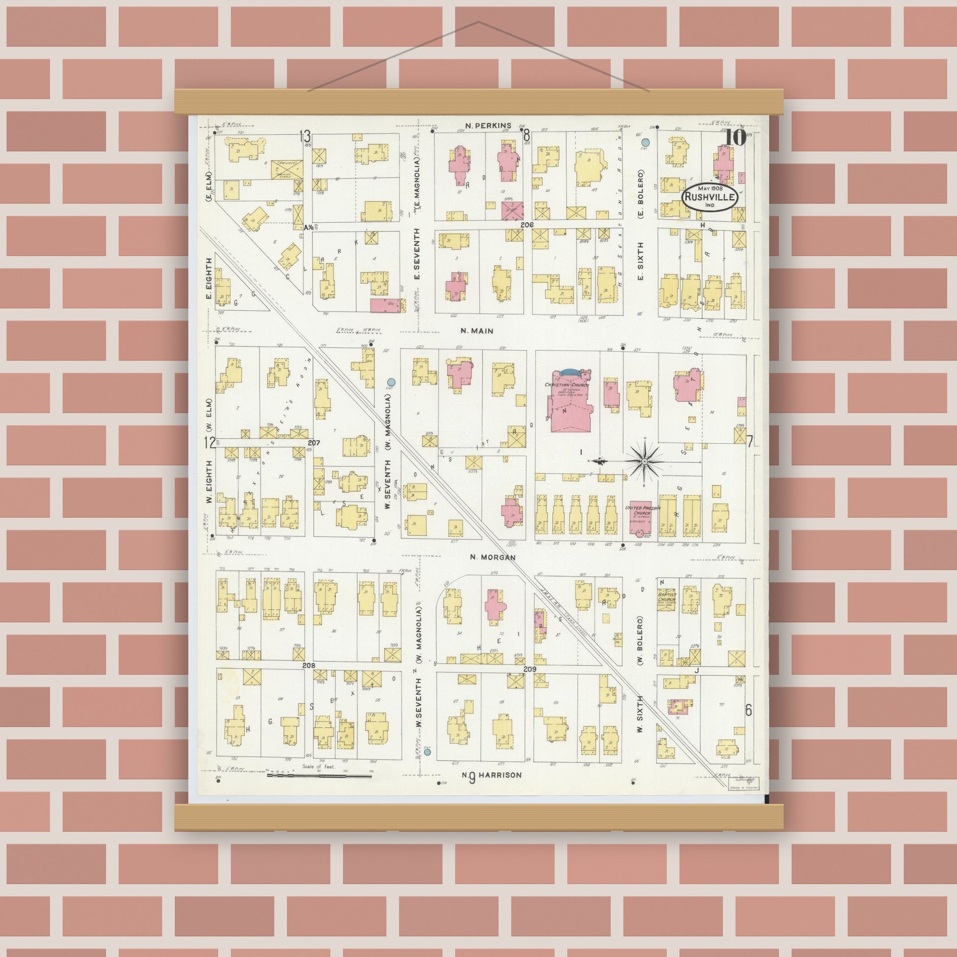 Old map wall art mockup — magnetic wood frame on brick wall — Sanborn Fire Insurance Map from Rushville, Rush County, Indiana (1908), Sheet #0010