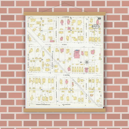 Old map wall art mockup — magnetic wood frame on brick wall — Sanborn Fire Insurance Map from Rushville, Rush County, Indiana (1908), Sheet #0010