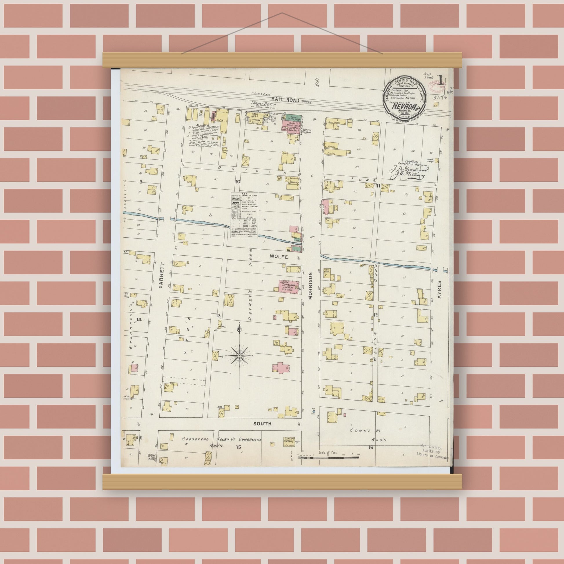Old map wall art mockup — magnetic wood frame on brick wall — Sanborn Fire Insurance Map from Nevada, Wyandot County, Ohio (1895), Sheet #0001