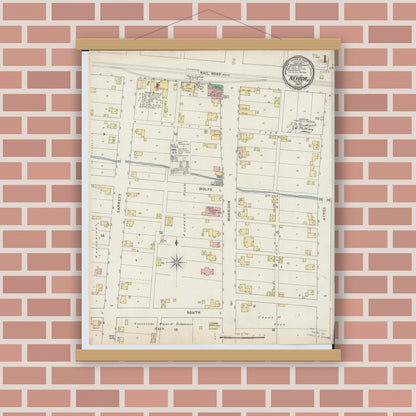 Old map wall art mockup — magnetic wood frame on brick wall — Sanborn Fire Insurance Map from Nevada, Wyandot County, Ohio (1895), Sheet #0001