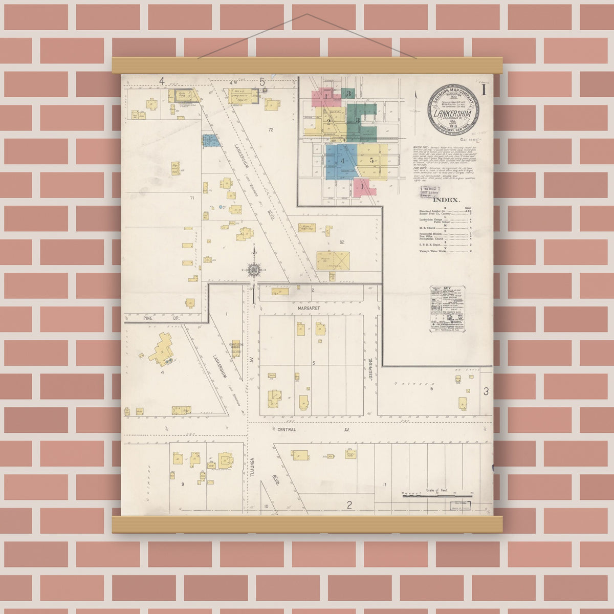 Old map wall art mockup — magnetic wood frame on brick wall — Sanborn Fire Insurance Map from Lankershim, Los Angeles County, California (1919), Sheet #0001