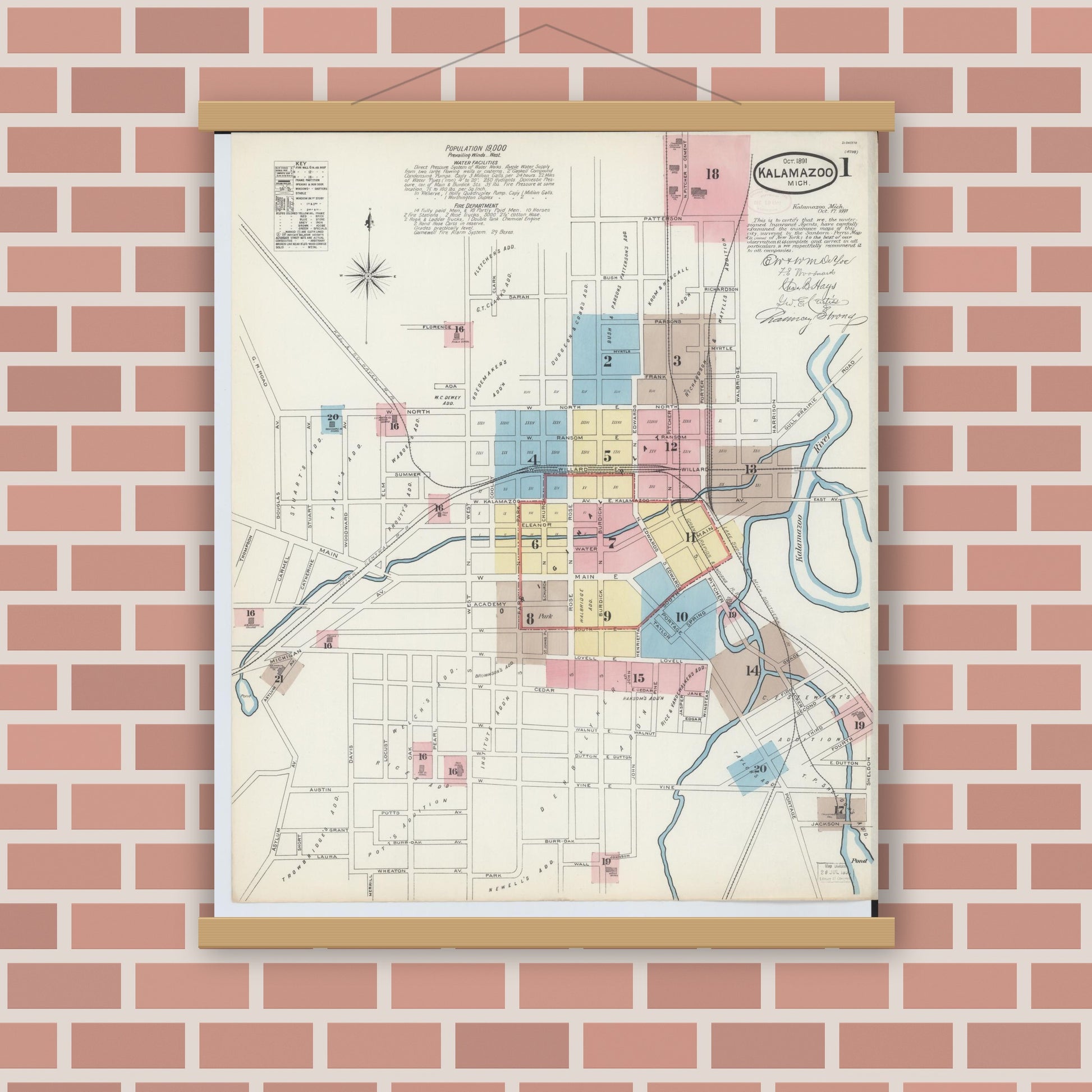 Old map wall art mockup — magnetic wood frame on brick wall — Sanborn Fire Insurance Map from Kalamazoo, Kalamazoo County, Michigan (1891) - Complete Map Set
