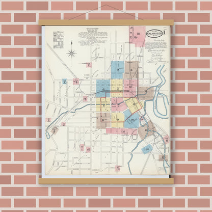 Old map wall art mockup — magnetic wood frame on brick wall — Sanborn Fire Insurance Map from Kalamazoo, Kalamazoo County, Michigan (1891) - Complete Map Set