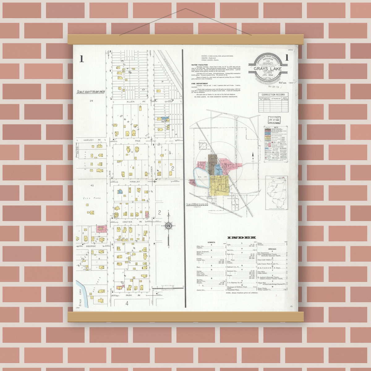 Old map wall art mockup — magnetic wood frame on brick wall — Sanborn Fire Insurance Map from Grays Lake, Lake County, Illinois (1934) - Complete Map Set