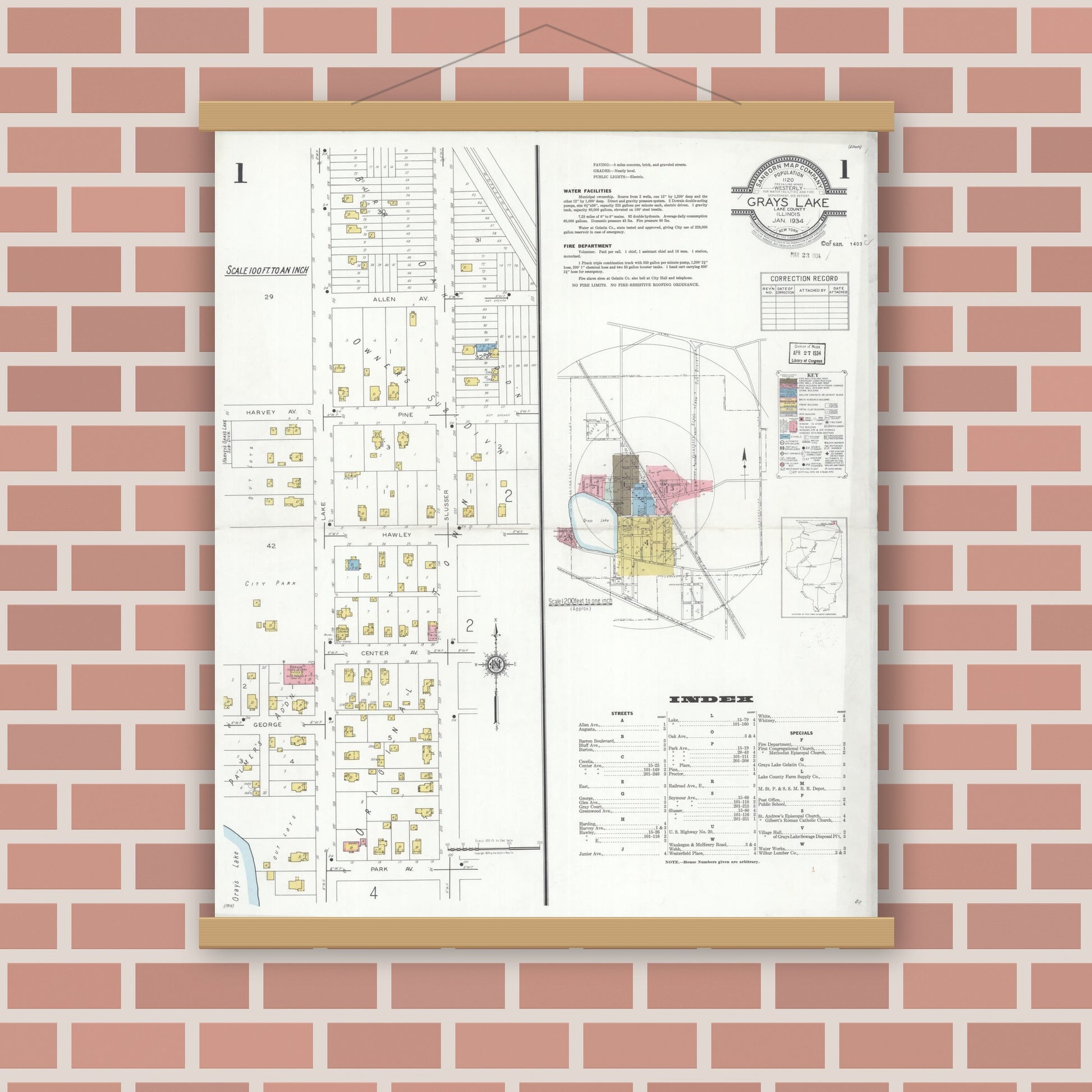 Old map wall art mockup — magnetic wood frame on brick wall — Sanborn Fire Insurance Map from Grays Lake, Lake County, Illinois (1934) - Complete Map Set