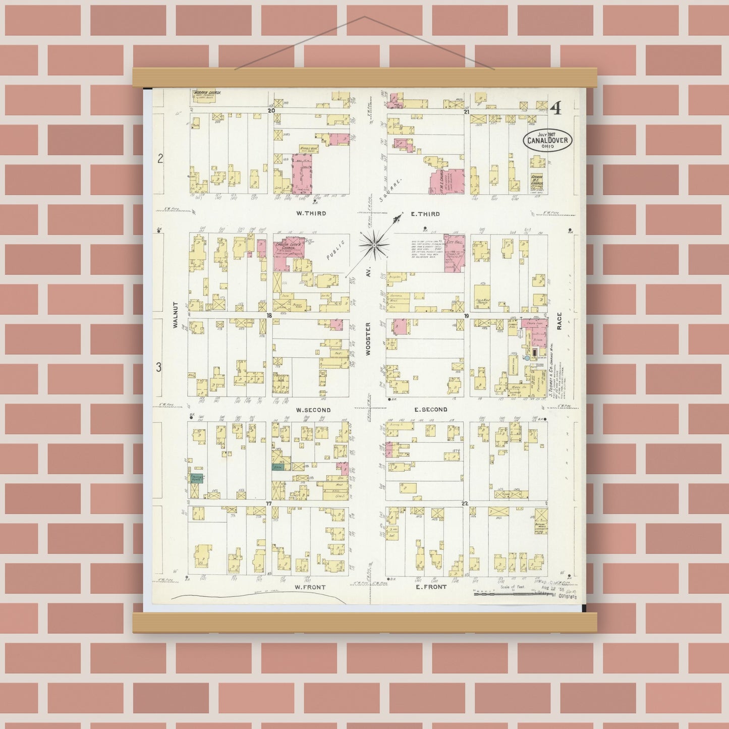 Old map wall art mockup — magnetic wood frame on brick wall — Sanborn Fire Insurance Map from Canal Dover, Tuscarawas County, Ohio (1907), Sheet #0004
