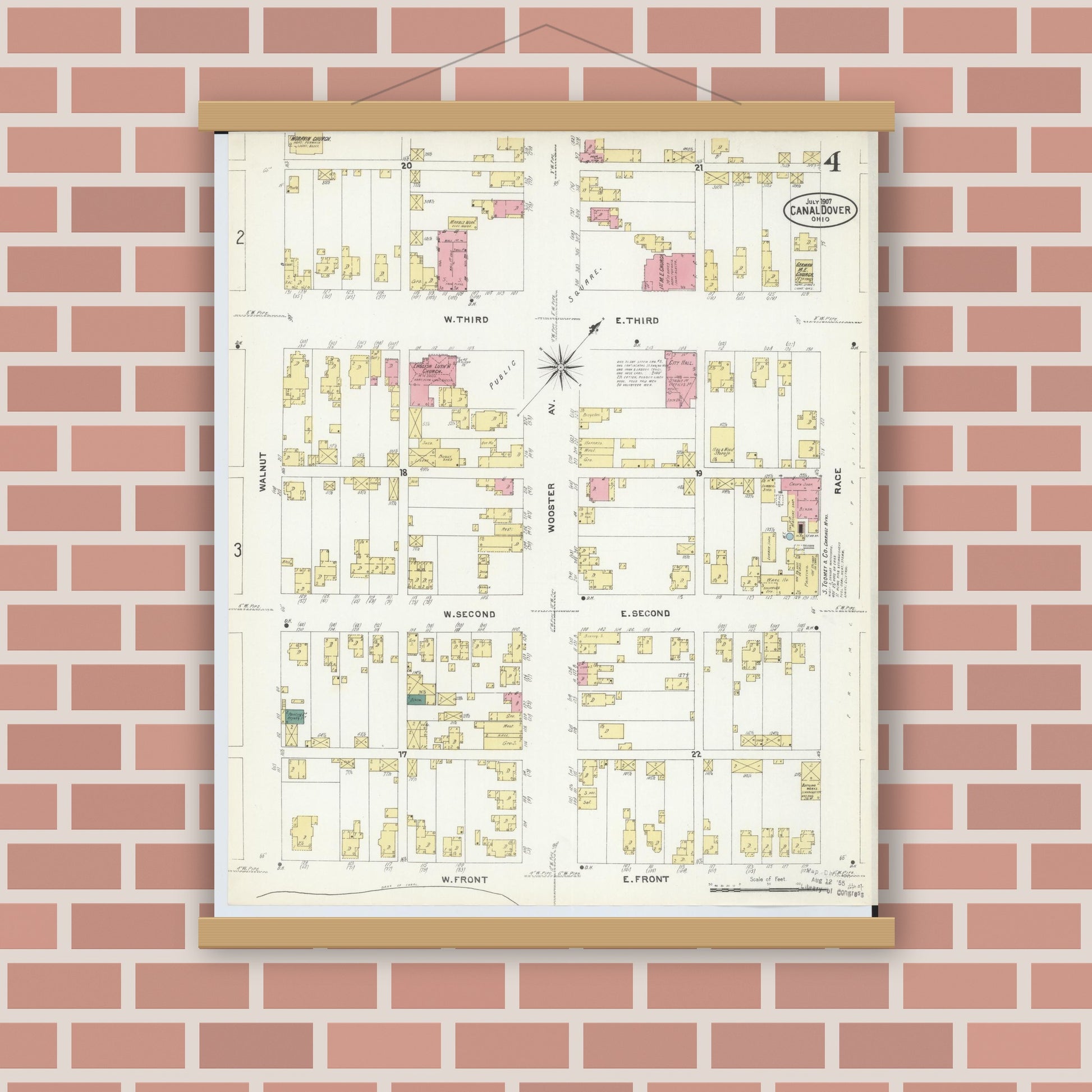 Old map wall art mockup — magnetic wood frame on brick wall — Sanborn Fire Insurance Map from Canal Dover, Tuscarawas County, Ohio (1907), Sheet #0004