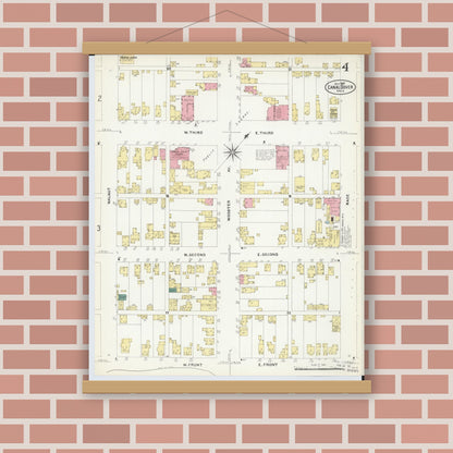 Old map wall art mockup — magnetic wood frame on brick wall — Sanborn Fire Insurance Map from Canal Dover, Tuscarawas County, Ohio (1907), Sheet #0004