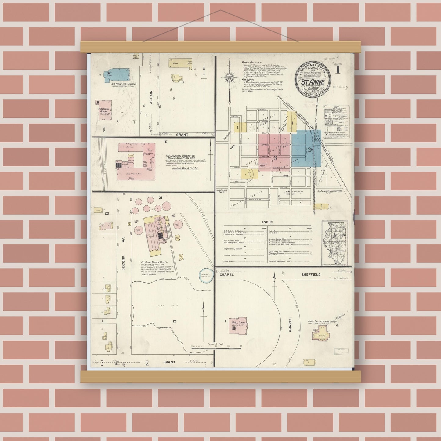 Old map wall art mockup — magnetic wood frame on brick wall — Sanborn Fire Insurance Map from Saint Anne, Kankakee County, Illinois (1912) - Complete Map Set