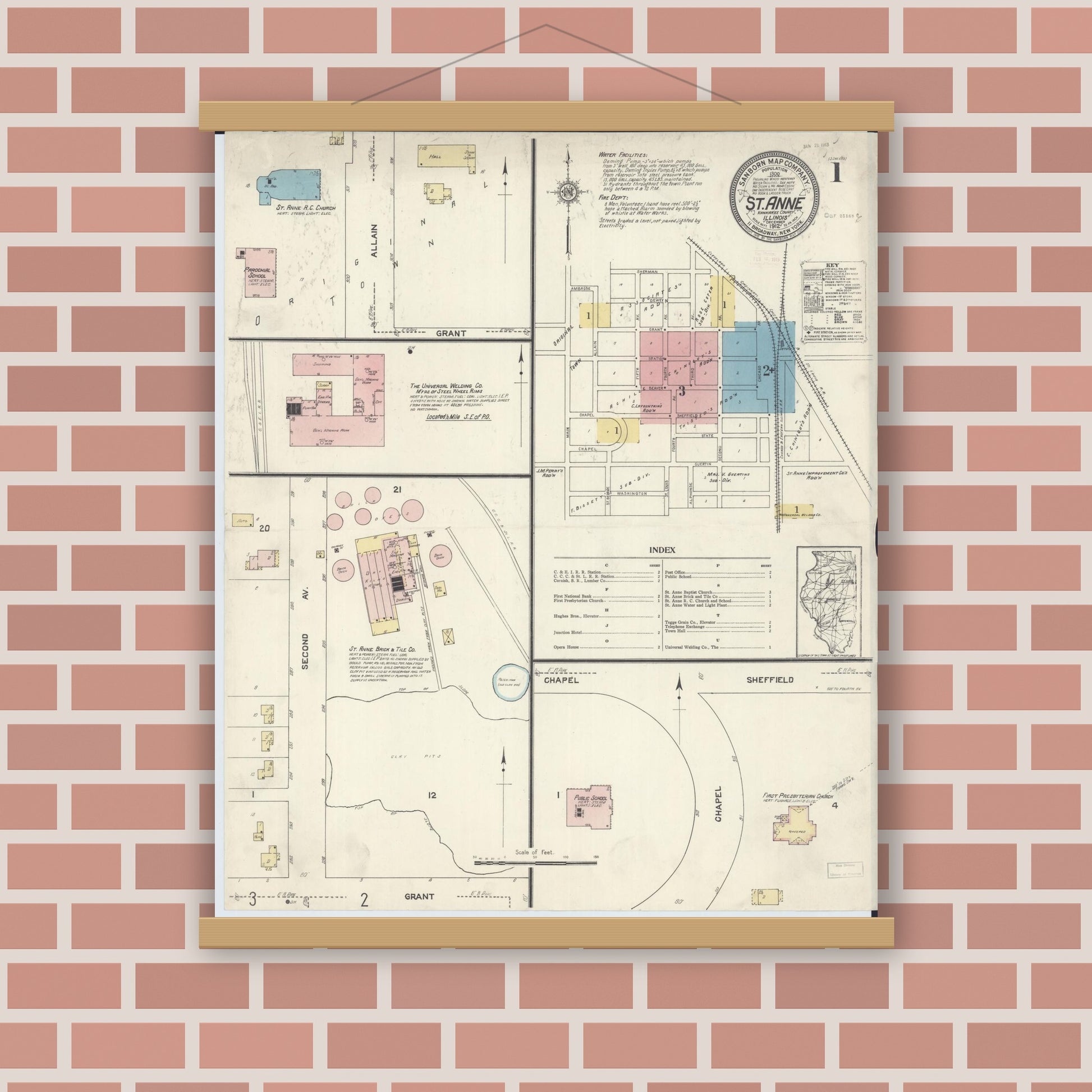 Old map wall art mockup — magnetic wood frame on brick wall — Sanborn Fire Insurance Map from Saint Anne, Kankakee County, Illinois (1912) - Complete Map Set