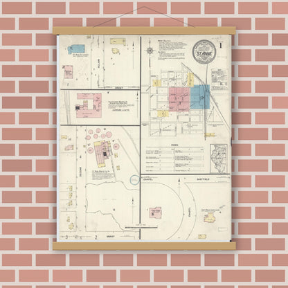 Old map wall art mockup — magnetic wood frame on brick wall — Sanborn Fire Insurance Map from Saint Anne, Kankakee County, Illinois (1912) - Complete Map Set