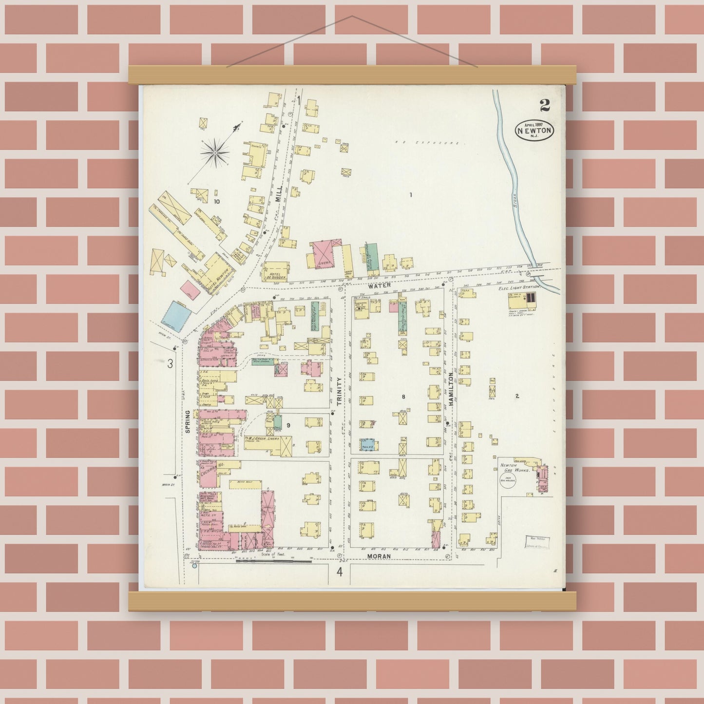 Old map wall art mockup — magnetic wood frame on brick wall — Sanborn Fire Insurance Map from Newton, Sussex County, New Jersey (1897), Sheet #0002