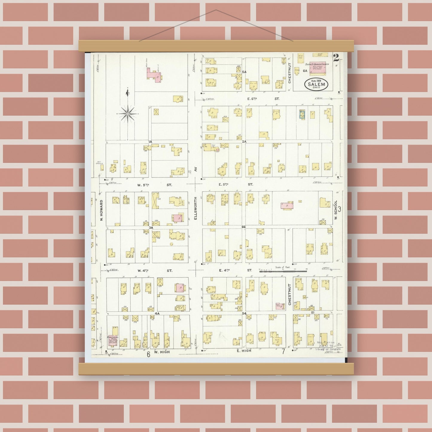 Old map wall art mockup — magnetic wood frame on brick wall — Sanborn Fire Insurance Map from Salem, Columbiana County, Ohio (1909), Sheet #0002