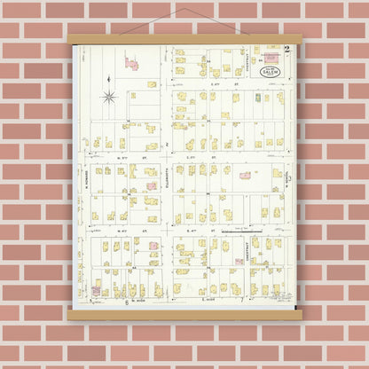 Old map wall art mockup — magnetic wood frame on brick wall — Sanborn Fire Insurance Map from Salem, Columbiana County, Ohio (1909), Sheet #0002