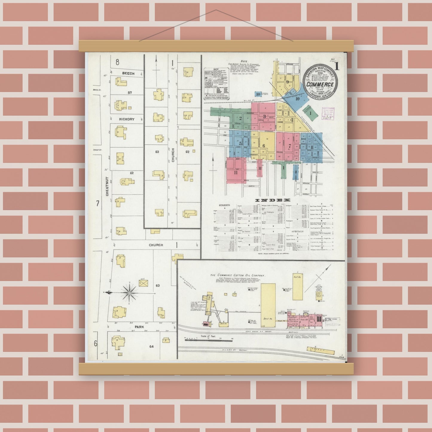 Old map wall art mockup — magnetic wood frame on brick wall — Sanborn Fire Insurance Map from Commerce, Hunt County, Texas (1906), Sheet #0001