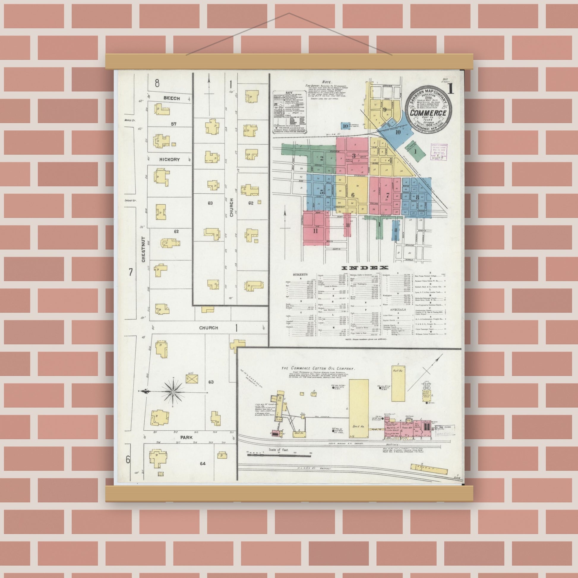 Old map wall art mockup — magnetic wood frame on brick wall — Sanborn Fire Insurance Map from Commerce, Hunt County, Texas (1906), Sheet #0001