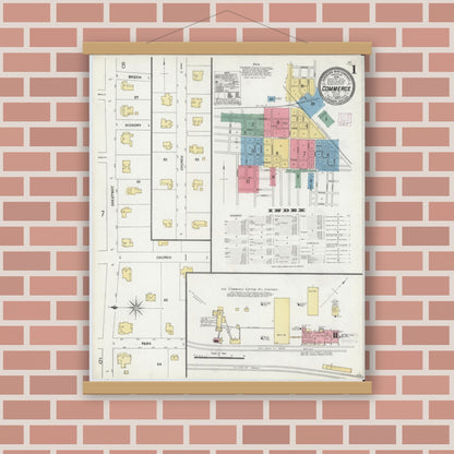 Old map wall art mockup — magnetic wood frame on brick wall — Sanborn Fire Insurance Map from Commerce, Hunt County, Texas (1906), Sheet #0001