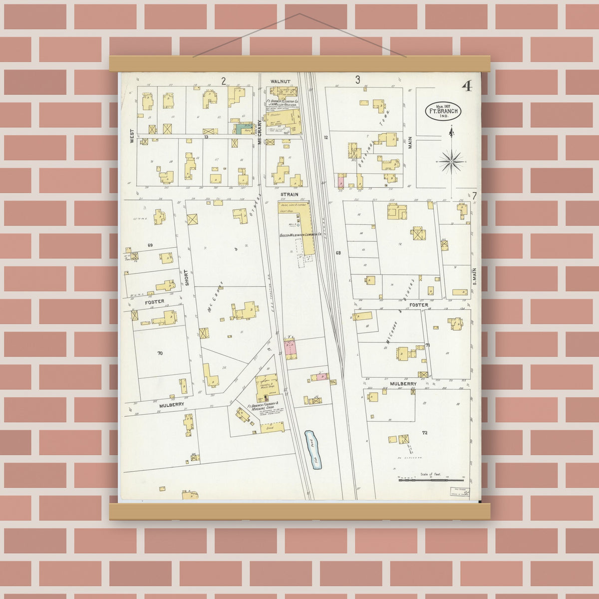 Old map wall art mockup — magnetic wood frame on brick wall — Sanborn Fire Insurance Map from Fort Branch, Gibson County, Indiana (1907), Sheet #0004
