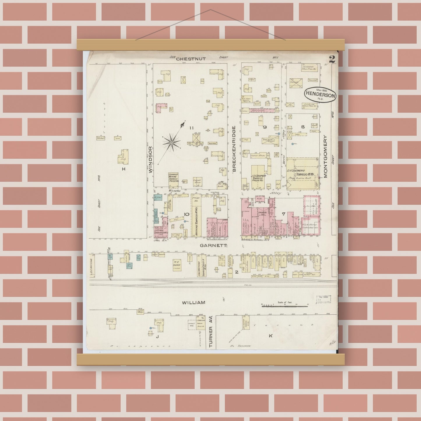 Old map wall art mockup — magnetic wood frame on brick wall — Sanborn Fire Insurance Map from Henderson, Vance County, North Carolina (1885), Sheet #0002