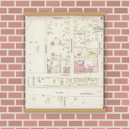 Old map wall art mockup — magnetic wood frame on brick wall — Sanborn Fire Insurance Map from Henderson, Vance County, North Carolina (1885), Sheet #0002