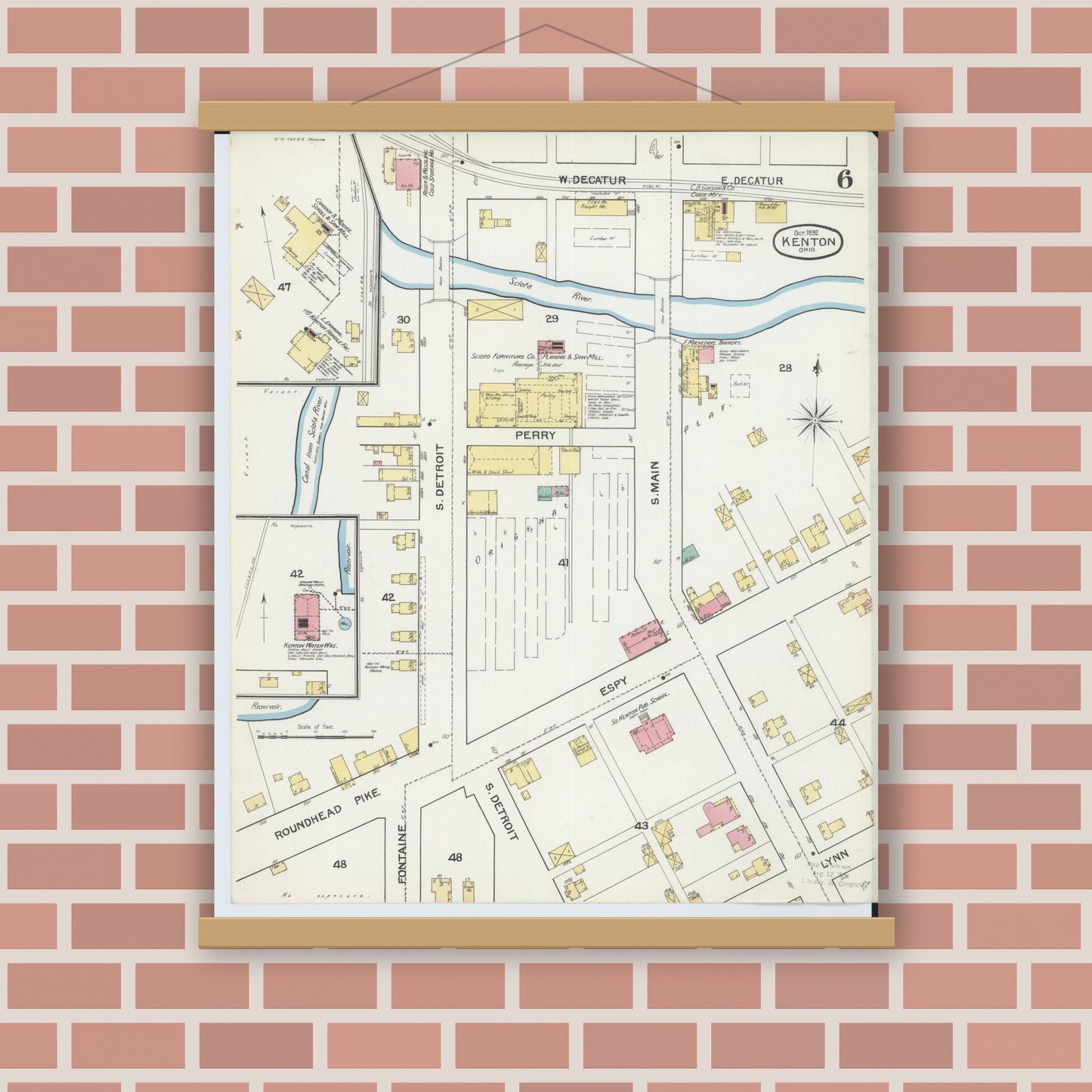 Old map wall art mockup — magnetic wood frame on brick wall — Sanborn Fire Insurance Map from Kenton, Hardin County, Ohio (1892), Sheet #0006