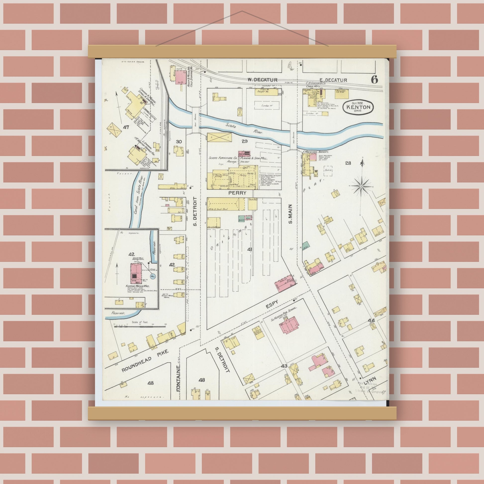 Old map wall art mockup — magnetic wood frame on brick wall — Sanborn Fire Insurance Map from Kenton, Hardin County, Ohio (1892), Sheet #0006