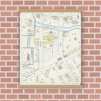 Old map wall art mockup — magnetic wood frame on brick wall — Sanborn Fire Insurance Map from Kenton, Hardin County, Ohio (1892), Sheet #0006