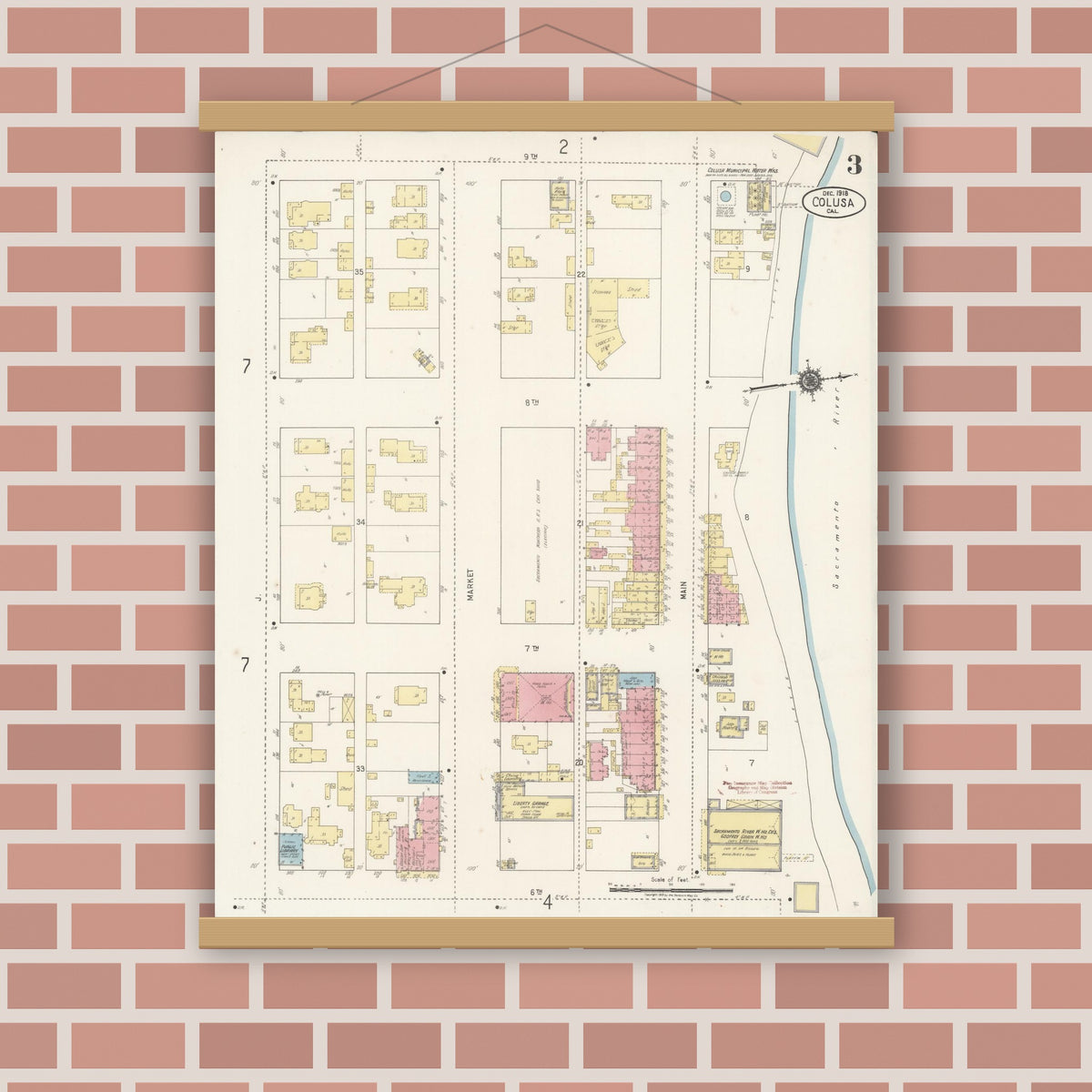 Old map wall art mockup — magnetic wood frame on brick wall — Sanborn Fire Insurance Map from Colusa, Colusa County, California (1918), Sheet #0003