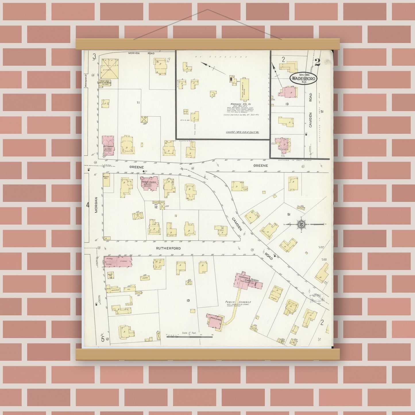 Old map wall art mockup — magnetic wood frame on brick wall — Sanborn Fire Insurance Map from Wadesboro, Anson County, North Carolina (1914), Sheet #0002