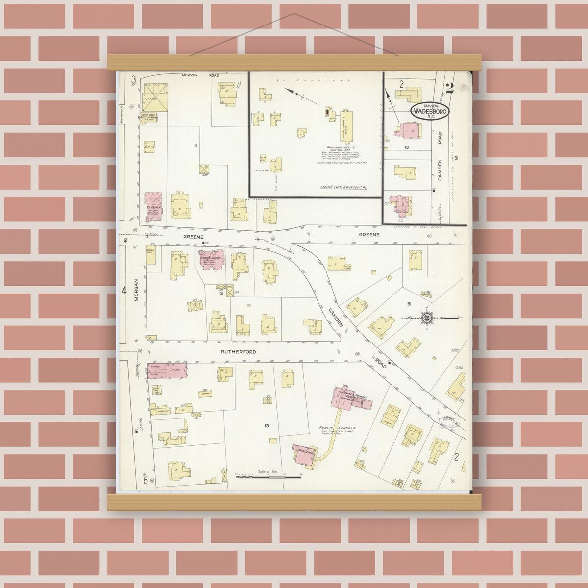 Old map wall art mockup — magnetic wood frame on brick wall — Sanborn Fire Insurance Map from Wadesboro, Anson County, North Carolina (1914), Sheet #0002
