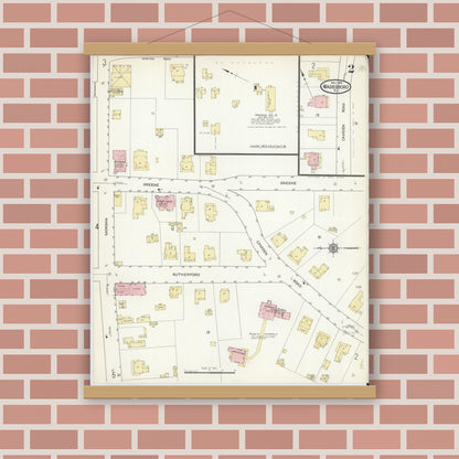 Old map wall art mockup — magnetic wood frame on brick wall — Sanborn Fire Insurance Map from Wadesboro, Anson County, North Carolina (1914), Sheet #0002