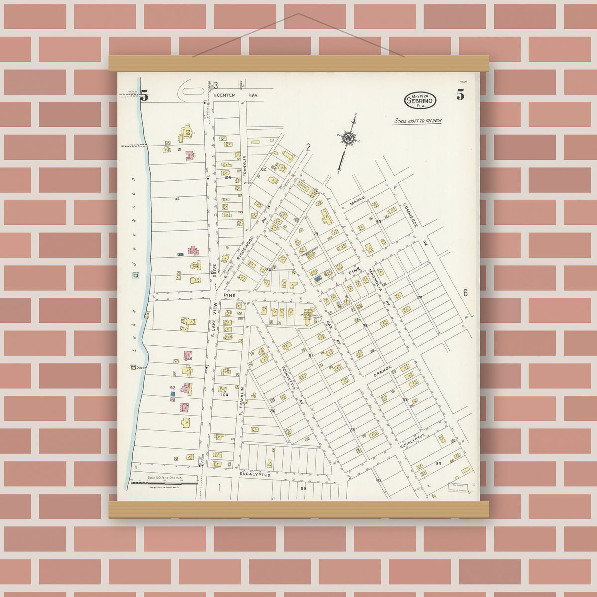 Old map wall art mockup — magnetic wood frame on brick wall — Sanborn Fire Insurance Map from Sebring, Highlands County, Florida (1924), Sheet #0005