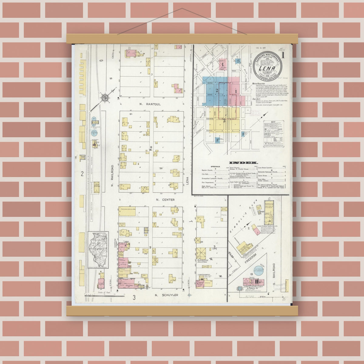 Old map wall art mockup — magnetic wood frame on brick wall — Sanborn Fire Insurance Map from Lena, Stephenson County, Illinois (1912) - Complete Map Set