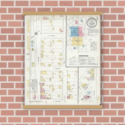 Old map wall art mockup — magnetic wood frame on brick wall — Sanborn Fire Insurance Map from Lena, Stephenson County, Illinois (1912) - Complete Map Set