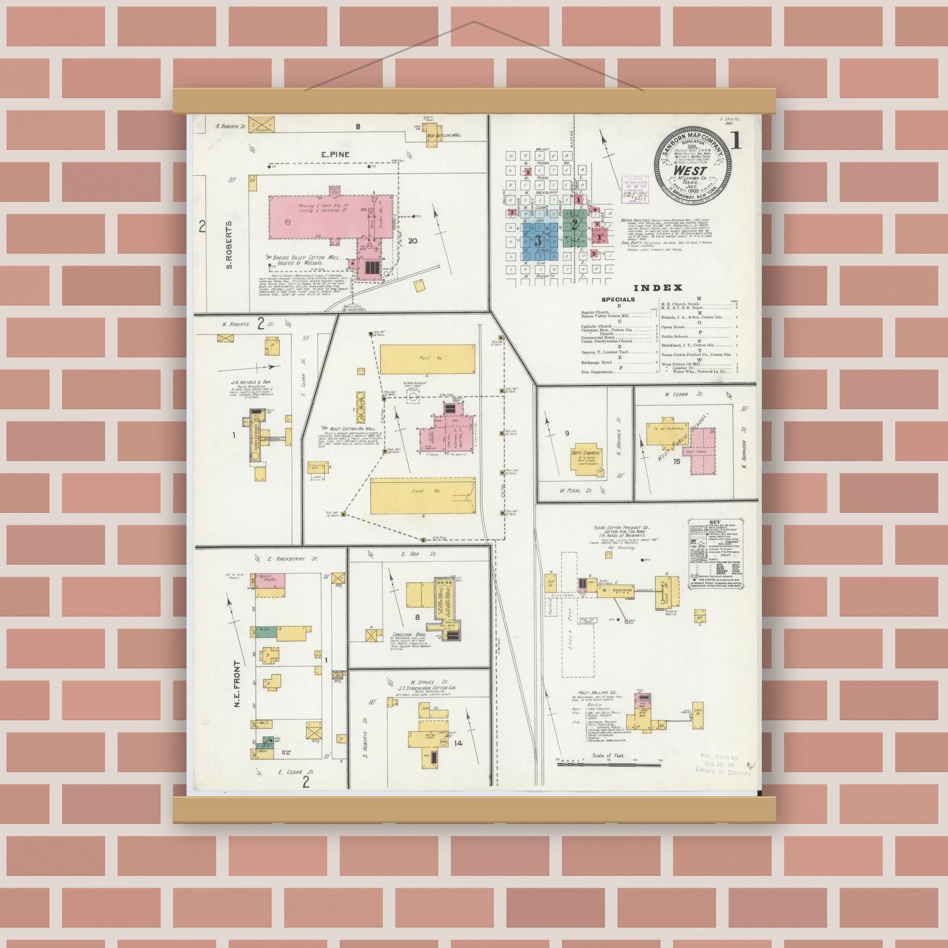 Old map wall art mockup — magnetic wood frame on brick wall — Sanborn Fire Insurance Map from West, McLennan County, Texas (1905) - Complete Map Set