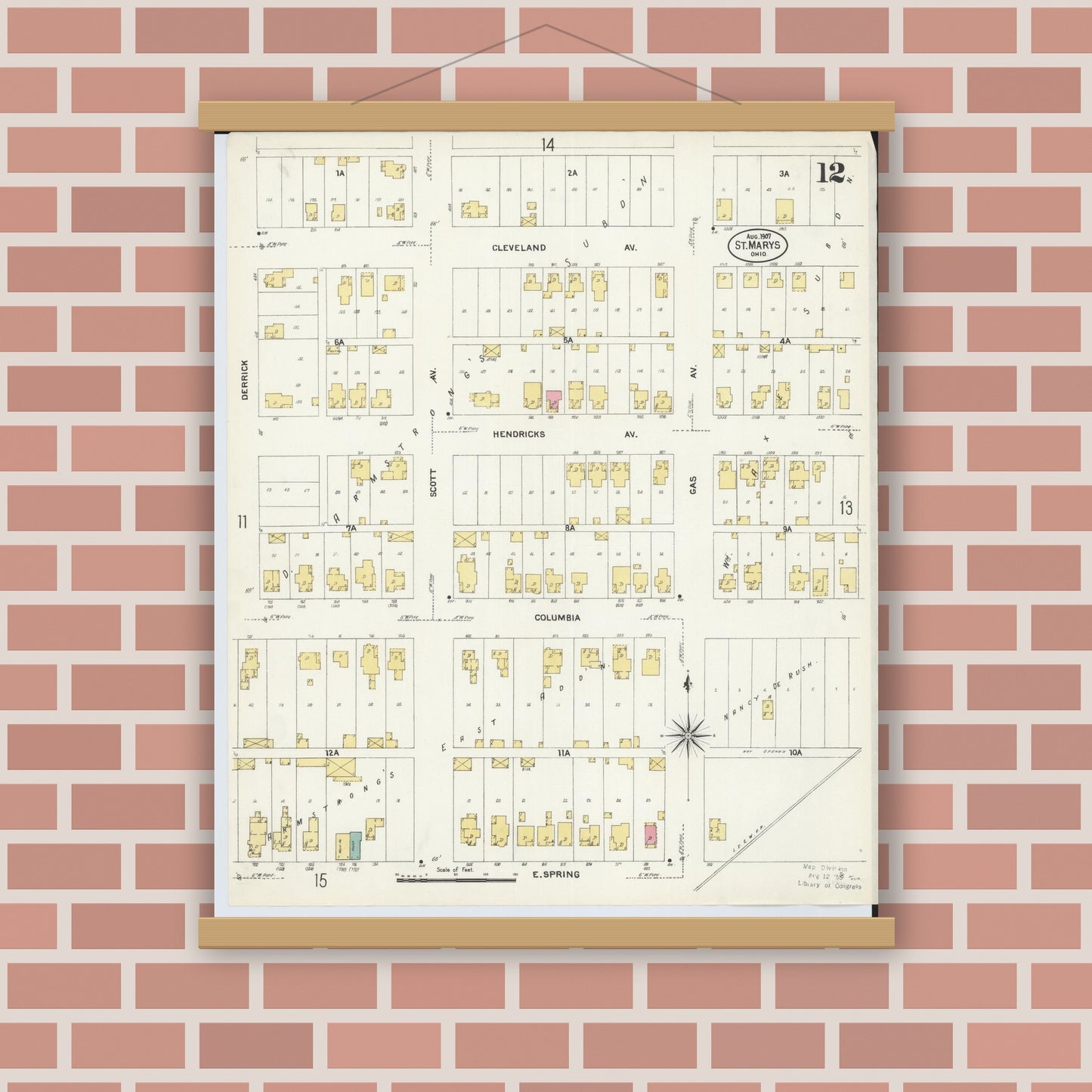 Old map wall art mockup — magnetic wood frame on brick wall — Sanborn Fire Insurance Map from Saint Marys, Auglaize County, Ohio (1907), Sheet #0012
