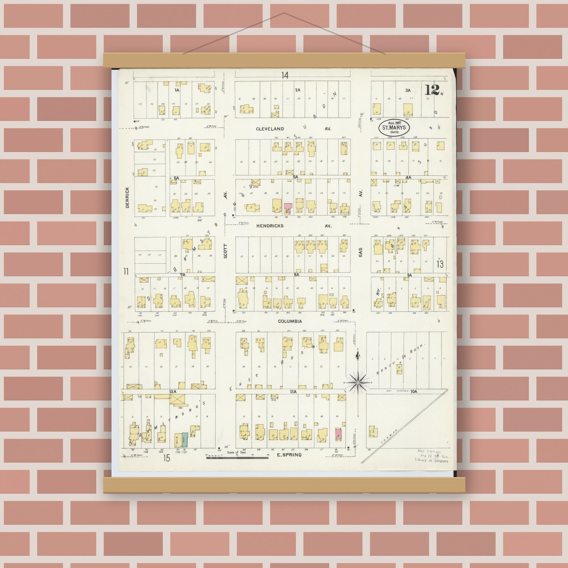Old map wall art mockup — magnetic wood frame on brick wall — Sanborn Fire Insurance Map from Saint Marys, Auglaize County, Ohio (1907), Sheet #0012