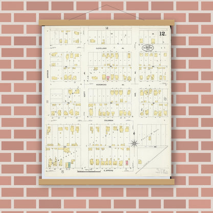 Old map wall art mockup — magnetic wood frame on brick wall — Sanborn Fire Insurance Map from Saint Marys, Auglaize County, Ohio (1907), Sheet #0012