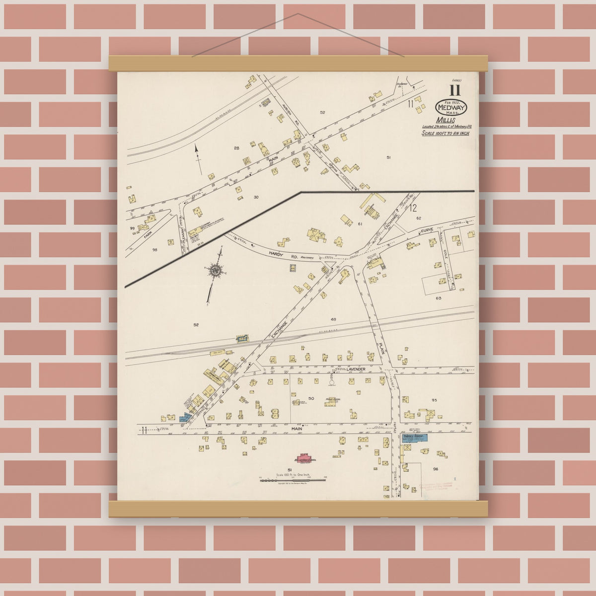 Old map wall art mockup — magnetic wood frame on brick wall — Sanborn Fire Insurance Map from Medway, Norfolk County, Massachusetts (1922), Sheet #0011
