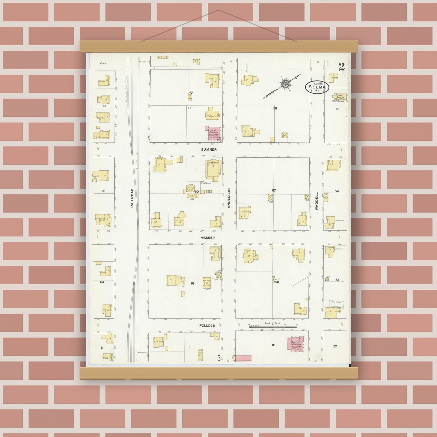 Old map wall art mockup — magnetic wood frame on brick wall — Sanborn Fire Insurance Map from Selma, Johnston County, North Carolina (1911), Sheet #0002