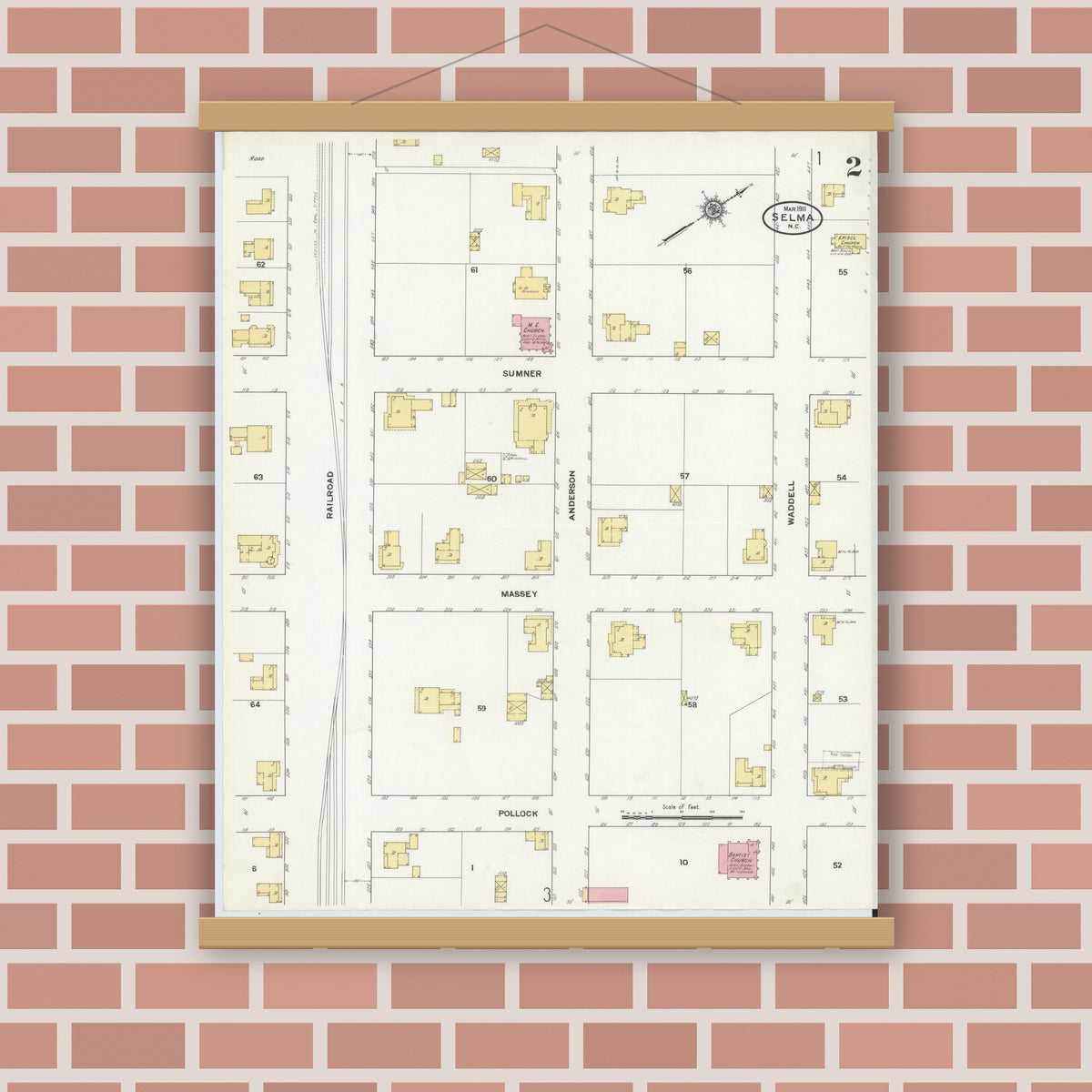 Old map wall art mockup — magnetic wood frame on brick wall — Sanborn Fire Insurance Map from Selma, Johnston County, North Carolina (1911), Sheet #0002