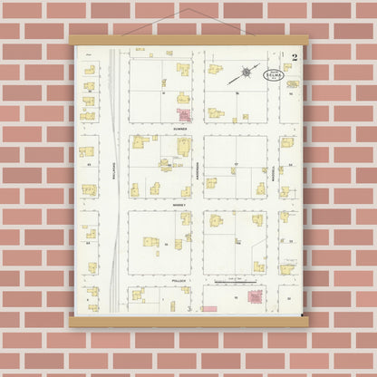 Old map wall art mockup — magnetic wood frame on brick wall — Sanborn Fire Insurance Map from Selma, Johnston County, North Carolina (1911), Sheet #0002