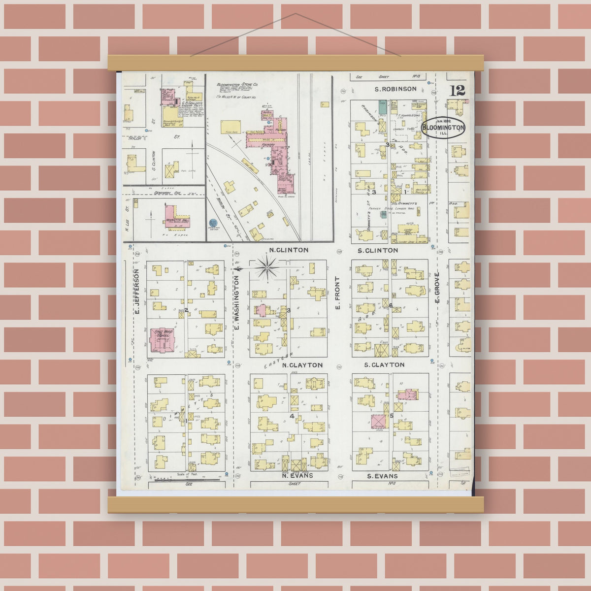 Old map wall art mockup — magnetic wood frame on brick wall — Sanborn Fire Insurance Map from Bloomington, McLean County, Illinois (1892), Sheet #0012