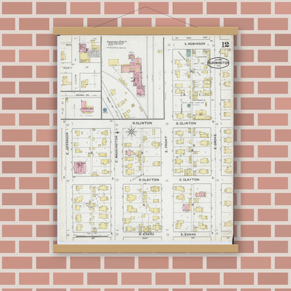 Old map wall art mockup — magnetic wood frame on brick wall — Sanborn Fire Insurance Map from Bloomington, McLean County, Illinois (1892), Sheet #0012