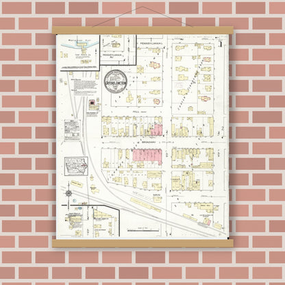 Old map wall art mockup — magnetic wood frame on brick wall — Sanborn Fire Insurance Map from Oxford Junction, Jones County, Iowa (1914), Sheet #0001