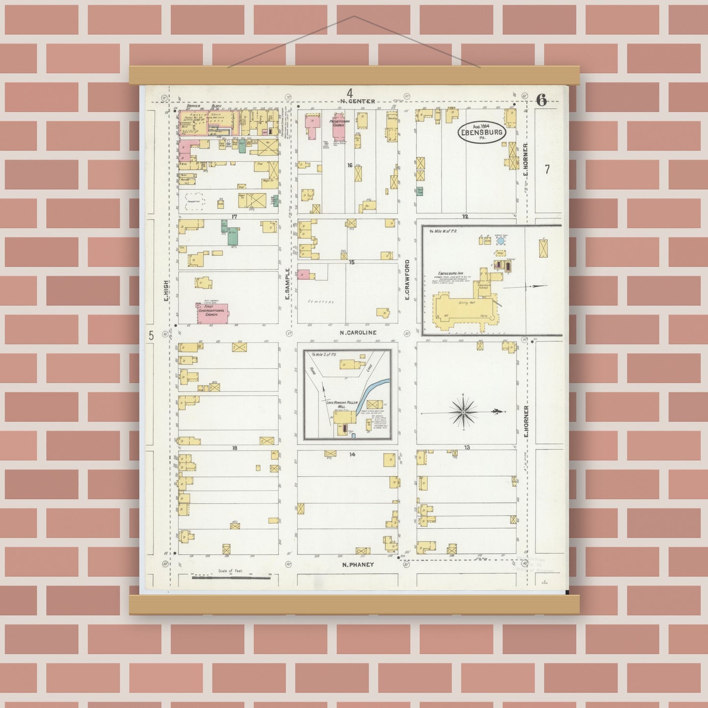 Old map wall art mockup — magnetic wood frame on brick wall — Sanborn Fire Insurance Map from Ebensburg, Cambria County, Pennsylvania (1904), Sheet #0006
