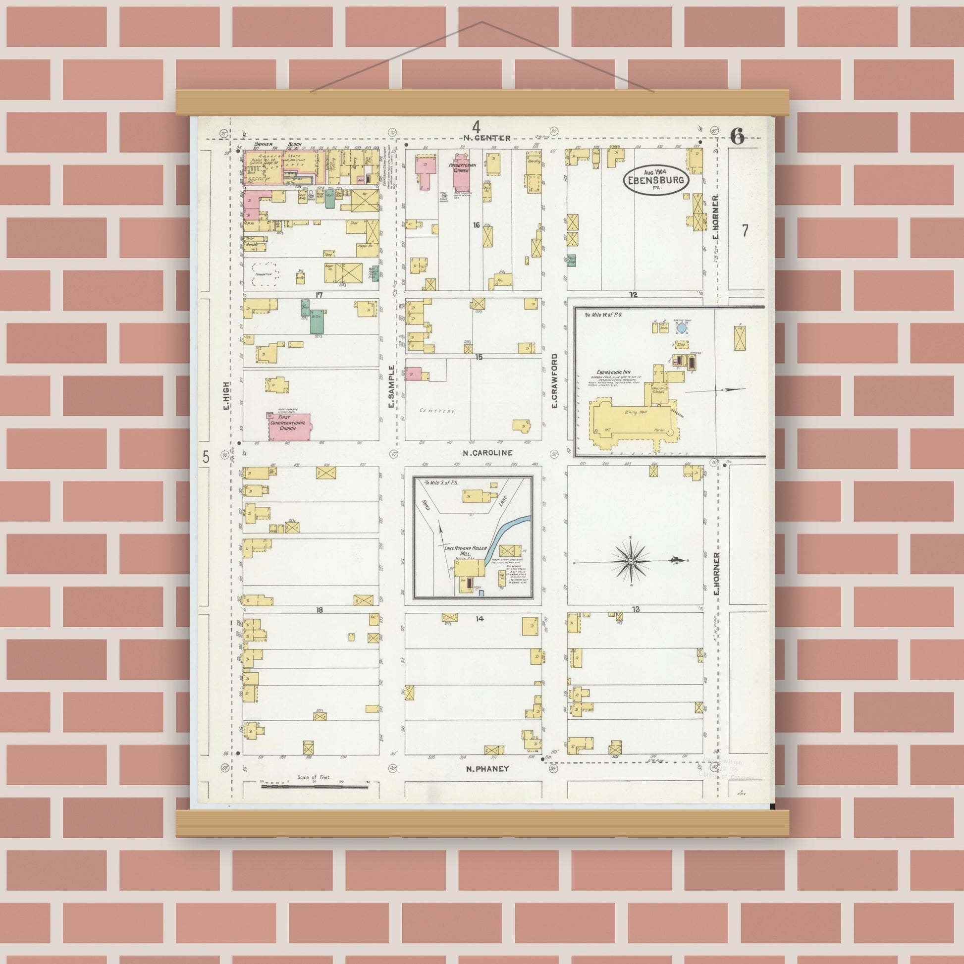 Old map wall art mockup — magnetic wood frame on brick wall — Sanborn Fire Insurance Map from Ebensburg, Cambria County, Pennsylvania (1904), Sheet #0006