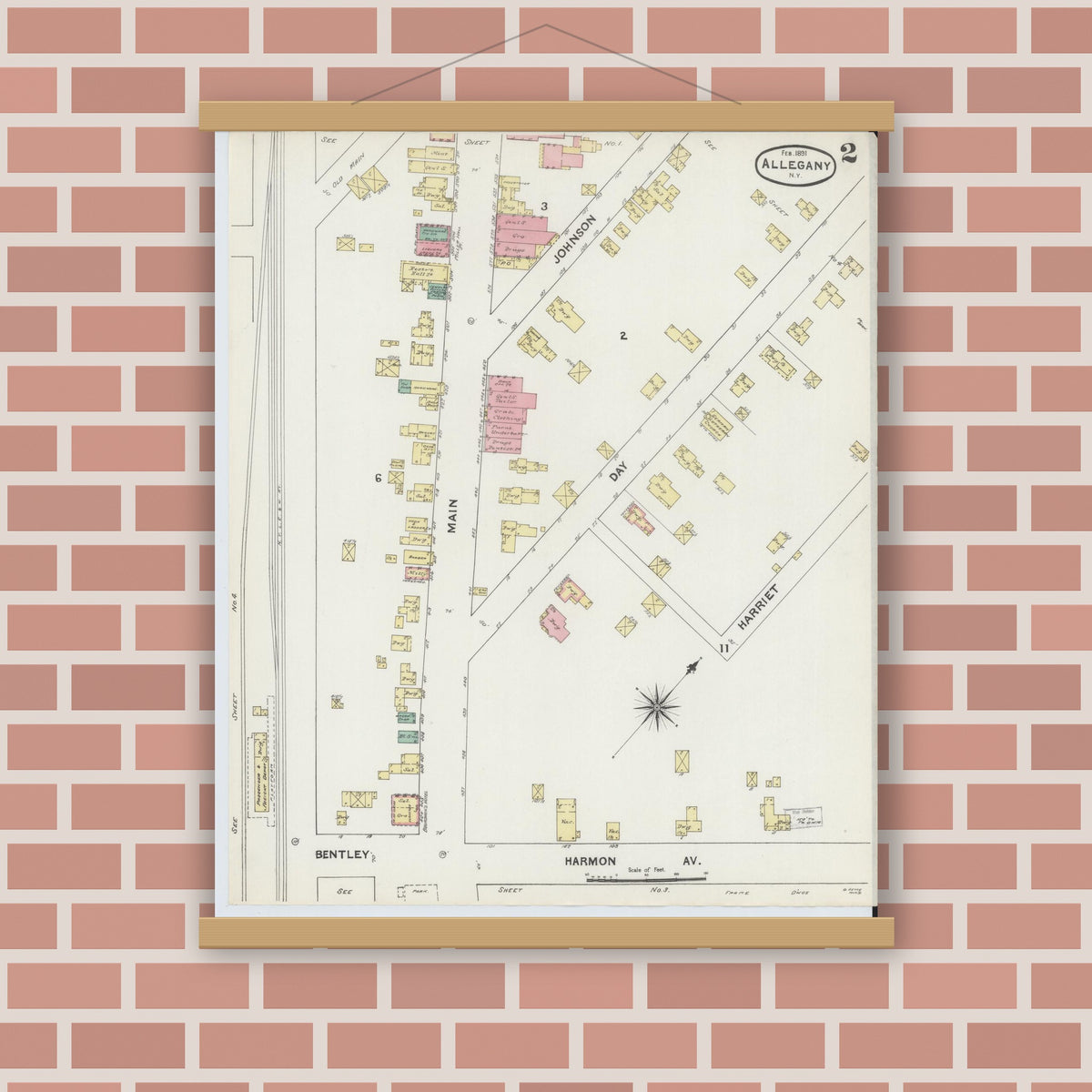 Old map wall art mockup — magnetic wood frame on brick wall — Sanborn Fire Insurance Map from Allegany, Cattaraugus County, New York (1891), Sheet #0002