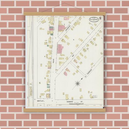 Old map wall art mockup — magnetic wood frame on brick wall — Sanborn Fire Insurance Map from Allegany, Cattaraugus County, New York (1891), Sheet #0002
