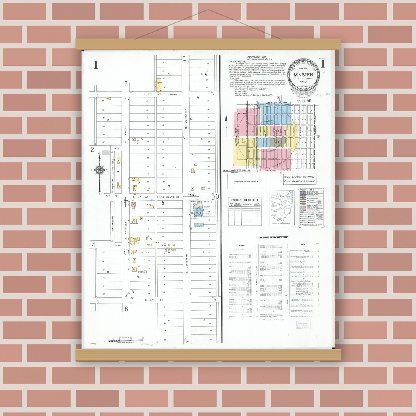 Old map wall art mockup — magnetic wood frame on brick wall — Sanborn Fire Insurance Map from Minster, Auglaize County, Ohio (1951) - Complete Map Set